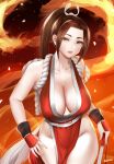  1girl bare_hips breasts brown_hair cleavage curvy easonx eyeliner gloves highres japanese_clothes large_breasts lips looking_at_viewer makeup ninja no_bra pelvic_curtain plump ponytail revealing_clothes rope sash seductive_smile shiranui_mai smile solo tabi the_king_of_fighters wrist_guards 