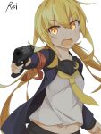  1girl :d artist_name black_sailor_collar black_skirt blonde_hair crescent crescent_pin etsuransha_no_rei eyebrows_visible_through_hair fang gun hair_between_eyes handgun highres holding holding_gun holding_weapon kantai_collection long_hair long_sleeves low_twintails neckerchief open_mouth pistol remodel_(kantai_collection) sailor_collar satsuki_(kancolle) school_uniform serafuku sig_sauer sig_sauer_p226 signature simple_background skirt smile solo twintails upper_body weapon white_background yellow_eyes yellow_neckwear 