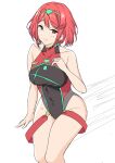  1girl ame_isshiki bangs bare_shoulders bracelet closed_mouth competition_swimsuit earrings hair_between_eyes hair_ornament invisible_chair jewelry looking_at_viewer one-piece_swimsuit pyra_(pro_swimmer)_(xenoblade) pyra_(xenoblade) red_hair short_hair simple_background sitting smile solo swimsuit white_background xenoblade_chronicles_(series) xenoblade_chronicles_2 