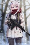  1girl 9a-91 9a-91_(girls&#039;_frontline) black_legwear blue_eyes coat cowboy_shot girls&#039;_frontline gloves gun hair_between_eyes hand_in_pocket highres holding holding_gun holding_weapon long_hair long_sleeves looking_at_viewer pantyhose pleated_skirt red_scarf scarf silver_hair skirt solo weapon white_coat yakob_labo 