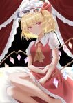  1girl absurdres anima_miko ascot barefoot bed black_background blonde_hair blurry blush bow breasts canopy_bed closed_mouth crystal curtains depth_of_field eyebrows_visible_through_hair feet_out_of_frame flandre_scarlet hair_between_eyes hair_bow hat highres light_smile looking_at_viewer mob_cap on_bed one_side_up petticoat puffy_short_sleeves puffy_sleeves red_bow red_eyes red_skirt red_vest short_sleeves simple_background sitting skirt small_breasts solo touhou vest white_headwear wings yellow_neckwear yokozuwari 