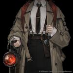  1girl black_background black_neckwear brown_coat coat collared_shirt cowboy_shot hand_up head_out_of_frame highres holding holster long_hair necktie original quuni red_hair shirt shirt_tucked_in simple_background sleeves_past_wrists solo suspenders white_shirt 