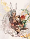  1girl animal_ears black_choker bunny_ears choker collarbone dark-skinned_female dark_skin dated final_fantasy final_fantasy_xii floral_background fran_(ff12) headpiece long_hair midriff red_eyes ruka_(blueplus84) silver_hair solo twitter_username viera 