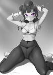  1girl armpits arms_behind_head arms_up bra breasts cleavage covered_navel earrings eyebrows_visible_through_hair greyscale hair_bun happy_party_train highres jewelry long_hair looking_at_viewer love_live! love_live!_sunshine!! medium_breasts monochrome pantyhose purple_eyes solo tsushima_yoshiko underwear unsfrau 