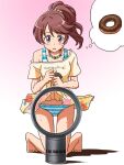  1girl ass_visible_through_thighs bangs barefoot bead_necklace beads bladeless_fan blush bra_strap brown_hair clothes_lift clothes_writing commentary_request crotch_seam doughnut english_text floral_print food frown full_body gradient gradient_background hair_ornament hair_scrunchie idolmaster idolmaster_cinderella_girls imagining jewelry kneeling lielos lifted_by_self long_hair looking_at_viewer medium_hair miniskirt necklace off-shoulder_shirt off_shoulder open_mouth panties pink_background ponytail print_skirt purple_eyes scrunchie shadow shiina_noriko shirt short_hair skirt skirt_lift solo striped striped_panties sweat underwear yellow_shirt 