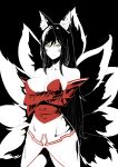  1girl absurdres ahri animal_ears arms_under_breasts bangs bare_shoulders black_background black_hair breasts cdb_(10footah) cleavage collarbone cowboy_shot crossed_arms dress eyebrows_visible_through_hair facial_mark fang fox_ears fox_girl fox_tail hair_between_eyes highres korean_clothes kumiho large_breasts league_of_legends long_hair monochrome multiple_tails pout red_dress short_dress slit_pupils solo spot_color tail vastaya very_long_hair whisker_markings yellow_eyes 