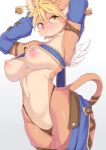  1girl animal_ears areolae armpits arms_up bell bell_earrings black_panties blonde_hair blush breasts breasts_outside cameltoe cat_ears cat_tail daena detached_sleeves earrings faeki fur furry gradient gradient_background green_eyes highleg highleg_panties highres jewelry jingle_bell large_breasts legend_of_mana navel nipples panties partially_visible_vulva pussy_juice seiken_densetsu solo strapless tail tubetop underwear wide_hips 