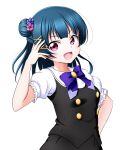 1girl :d arm_up black_skirt black_vest blue_hair bow breasts collared_shirt hair_bun hair_ornament hairclip highres kuena long_hair looking_at_viewer love_live! love_live!_sunshine!! open_mouth puffy_short_sleeves puffy_sleeves purple_bow red_eyes shirt short_sleeves side_bun simple_background skirt skirt_set small_breasts smile solo tsushima_yoshiko vest white_background white_shirt x_hair_ornament 