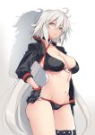  10mo 1girl ahoge bikini black_bikini black_choker black_gloves breasts choker cleavage fate/grand_order fate_(series) gloves grey_background highres jeanne_d&#039;arc_(alter_swimsuit_berserker)_(fate) jeanne_d&#039;arc_(fate)_(all) large_breasts long_hair navel o-ring o-ring_bikini o-ring_bottom shrug_(clothing) silver_hair solo swimsuit very_long_hair white_hair yellow_eyes 