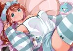  1girl absurdres aqua_eyes armpit_peek blue_eyes breasts brown_hair camisole cleavage cosmetics from_above gen_3_pokemon hair_bun hairband hand_in_hair highres large_breasts light_blush long_hair looking_at_viewer lying on_back open_mouth pajamas phone pillow pokemon pokemon_(game) pokemon_bw polka_dot_hairband red_hair sawayaka_minami shorts skyla_(pokemon) sleepwear solo striped striped_legwear stuffed_animal stuffed_toy swablu thighhighs 