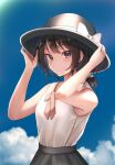  1girl bangs bare_shoulders black_headwear black_skirt blue_sky bow brown_eyes brown_hair closed_mouth cloud cloudy_sky eyebrows_visible_through_hair fumei_(mugendai) hair_between_eyes hair_bow hands_on_headwear hands_up hat hat_bow highres light looking_at_viewer pink_neckwear ponytail shirt short_hair short_ponytail skirt sky sleeveless solo sunlight touhou usami_renko white_bow white_shirt 