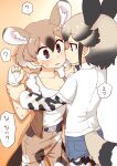  2girls 370ml ? african_wild_dog_(kemono_friends) african_wild_dog_print animal_ears blue_neckwear blush bomber_jacket bow bowtie brown_hair brown_jacket camouflage camouflage_pants collared_shirt commentary_request denim denim_shorts dog_ears dog_girl dog_tail extra_ears fingerless_gloves fur_collar gambian_pouched_rat_(kemono_friends) gloves height_difference highres holding_another&#039;s_arm jacket kemono_friends light_brown_hair long_sleeves looking_at_another mouse_ears mouse_girl mouse_tail multicolored_hair multiple_girls pants pantyhose print_legwear print_sleeves shirt short_hair short_shorts short_sleeves shorts spoken_question_mark sweatdrop tail translation_request white_fur white_gloves white_hair white_shirt 