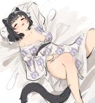  1girl absurdres animal_ear_fluff animal_ears bed_sheet black_hair black_jaguar_(kemono_friends) blush breasts closed_eyes drooling highres jaguar_ears jaguar_tail japanese_clothes japari_symbol_print kemono_friends kimono kona_ming large_breasts lying no_bra no_panties off_shoulder on_back open_mouth print_kimono sash short_hair single_bare_shoulder sketch sleeping solo tail wide_sleeves yukata 