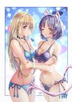  2girls amayofuu animal_ears bikini blonde_hair blue_bikini blue_eyes breasts cat_ears cat_tail cleavage commentary_request front-tie_top grey_bikini grey_hair highres holding_hands long_hair looking_at_viewer medium_breasts multiple_girls one_eye_closed original plaid plaid_bikini red_eyes short_hair side-tie_bikini small_breasts striped striped_bikini swimsuit tail 