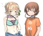  2girls absurdres bikini blonde_hair braid braided_bangs braided_bun breasts brown_hair cleavage commentary_request highres kantai_collection kaomoji_(sagor00237) long_hair looking_at_viewer medium_breasts multiple_girls orange_eyes orange_shirt perth_(kancolle) purple_eyes sarong shirt simple_background souya_(kancolle) striped striped_bikini swimsuit t-shirt translation_request upper_body white_background 