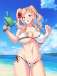  1girl bangs beach bikini blue_eyes blurry blurry_background blush breasts cloud covered_nipples day drill_hair eyebrows_visible_through_hair flower hair_flower hair_ornament hibiscus highres honolulu_(kancolle) kantai_collection large_breasts long_hair montemasa ocean open_mouth outdoors red_flower side-tie_bikini sky solo swimsuit twin_drills twintails water_gun 