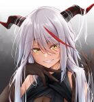  1girl aegir_(azur_lane) azur_lane bare_shoulders black_gloves bodystocking breast_curtains breasts cleavage demon_horns eyebrows_visible_through_hair gloves hair_over_shoulder highres horns large_breasts long_hair looking_at_viewer multicolored_hair oriue_wato red_hair silver_hair simple_background smile solo streaked_hair upper_body yellow_eyes 