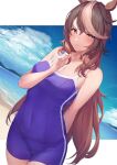  1girl :t amagimei beach blush breasts brown_hair cleavage collarbone commentary covered_navel cowboy_shot dutch_angle groin hair_between_eyes hand_up highres horse_tail long_hair looking_at_viewer medium_breasts multicolored_hair purple_eyes purple_shorts purple_swimsuit shorts solo streaked_hair swimsuit symboli_rudolf_(umamusume) tail two-tone_hair umamusume very_long_hair 