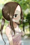  1girl bangs bare_shoulders blurry blurry_background blush brown_eyes brown_hair camisole commentary covered_nipples day depth_of_field forehead from_side hair_ornament hair_scrunchie hand_up highres karakai_jouzu_no_takagi-san long_hair looking_away low_ponytail note2000 outdoors parted_bangs parted_lips pink_camisole ponytail profile scrunchie see-through solo takagi-san upper_body very_long_hair white_camisole yellow_scrunchie 
