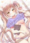  1girl animal_ear_fluff animal_ears blush breasts brown_hair cat_ears claw_pose commentary_request eyebrows_visible_through_hair hamico highres long_hair looking_at_viewer no_pants original panties pout purple_shirt shirt solo tail twintails underboob underwear white_panties yellow_eyes 