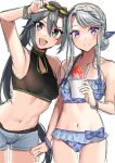  2girls akagi_kurage amagiri_(kancolle) bangs bikini bikini_under_clothes black_bikini blush bracelet braid breasts eyebrows_visible_through_hair eyewear_on_head grey_eyes grey_hair hair_between_eyes hair_bun highres holding jewelry kantai_collection long_hair medium_breasts multiple_girls open_mouth ponytail purple_bikini purple_eyes sagiri_(kancolle) shaved_ice short_shorts shorts sidelocks simple_background sketch small_breasts smile sunglasses swimsuit very_long_hair white_background 