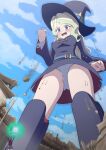  2girls absurdres angry ass belt blonde_hair blue_eyes blue_sky blush boots breasts brown_hair casting_spell clenched_hand clenched_hands cloud day debris destruction diana_cavendish dress embarrassed fist_shaking giant giantess gradient_hair green_hair growth hat highres jenny_secret kagari_atsuko little_witch_academia long_hair looking_at_another looking_down luna_nova_school_uniform magic multicolored_hair multiple_girls open_mouth panties pantyshot purple_dress rubble school_uniform sky thighs underwear v-shaped_eyebrows wand white_panties witch witch_hat 