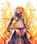  1boy abs aoinunu_(kamutomushi) belt black_gloves blonde_hair braid bulge clenched_hand elbow_gloves facepaint fairy_ranmaru:anata_no_kokoro_otasuke_shimasu fire gloves green_eyes highres hoterase_homura long_hair looking_at_viewer male_focus multicolored_hair orange_hair pointy_ears smirk standing toned toned_male very_long_hair 