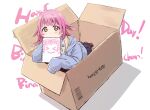  1girl ahoge bangs barcode black_legwear black_skirt blue_hoodie blunt_bangs blunt_ends blush box cardboard english_text eyebrows_visible_through_hair happy_birthday hood hoodie in_box in_container looking_at_viewer love_live! love_live!_nijigasaki_high_school_idol_club maruyo medium_hair sketchbook skirt sleeves_past_fingers sleeves_past_wrists solo tennouji_rina 