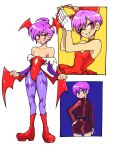  1girl animal_print ass bare_shoulders bat_print beta&#039;s_inferno black_jacket black_skirt blush boots breasts cleavage demon_girl dress hand_on_hip head_wings highres instrument jacket lilith_aensland multiple_views one_eye_closed parted_lips print_legwear purple_hair purple_legwear red_dress red_eyes red_footwear red_headwear short_hair skirt small_breasts tambourine vampire_(game) 