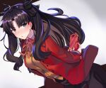  1girl arms_behind_back black_hair black_ribbon black_skirt blue_eyes blush breasts cardigan_vest chocolate collared_shirt eyebrows_visible_through_hair fate/stay_night fate_(series) floating_hair from_side gift hair_ribbon holding holding_gift jacket long_hair looking_at_viewer neck_ribbon ninoude_(ninoude44) parted_lips pleated_skirt red_jacket red_ribbon ribbon school_uniform shirt skirt solo tohsaka_rin twintails two_side_up v-shaped_eyebrows valentine white_shirt 