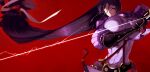  1girl abs armor bangs black_gloves bodysuit breasts covered_navel elbow_gloves fate/grand_order fate_(series) fingerless_gloves gloves highres huge_breasts japanese_armor katana kote long_hair looking_at_viewer minamoto_no_raikou_(fate) parted_bangs pelvic_curtain purple_bodysuit purple_eyes purple_hair red_background ribbed_sleeves rope sword tabard tassel ub1mo very_long_hair weapon 