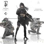  1girl 2boys android assault_rifle asukabaka2 black_hair blurry blurry_background cape cyberpunk gun hat holding holding_gun holding_weapon kneeling long_hair looking_at_viewer m4_carbine mask mecha metal_gear_(series) metal_gear_solid military military_hat military_uniform multiple_boys night_vision original ponytail purple_eyes rifle torn_cape torn_clothes uniform weapon 