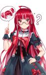  1girl ? bangs black_dress blush bow confused corset double_bun dress glasses hand_on_hip highres hololive hololive_indonesia jeze kureiji_ollie long_hair looking_at_viewer multicolored_hair olivia_(kureiji_ollie) pink_hair red_bow red_eyes red_hair solo speech_bubble streaked_hair very_long_hair virtual_youtuber white_background x_x zombie 