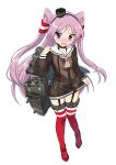  1girl alternate_hairstyle amatsukaze_(kancolle) amatsukaze_(kancolle)_(cosplay) bangs black_dress black_hairband black_headwear blush commentary_request cosplay dress eyebrows_visible_through_hair full_body garter_straps grey_neckwear hair_tubes hairband hand_up hat highres hiiragi_kagami hotaru_iori ichimi_renge kantai_collection lifebuoy_ornament long_hair long_sleeves looking_at_viewer lucky_star mini_hat neckerchief purple_eyes purple_hair red_legwear rigging rudder_footwear sailor_collar sailor_dress see-through short_dress simple_background solo standing striped striped_legwear thighhighs two_side_up very_long_hair white_background white_sailor_collar windsock 
