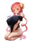  1girl black_shirt bottomless breast_squeeze breasts covered_nipples gradient_hair highres horns huge_breasts ilulu_(maidragon) kneeling kobayashi-san_chi_no_maidragon long_hair looking_at_viewer low_twintails multicolored_hair pink_hair pointy_ears red_eyes red_hair see-through_silhouette shirt shirt_tug simple_background solo twintails twitter_username white_background zasshu 