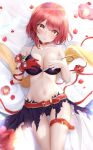  1girl bangs belt bra bra_slip bra_strap breasts collar flower_knight_girl gloves highres jyu-so large_breasts legs_together looking_at_viewer red_hair short_hair skirt thigh_gap torn_clothes torn_skirt tsubaki_(flower_knight_girl) underwear yellow_eyes 