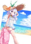  :o bangs beach blue_eyes blue_sky cloud cloudy_sky dress ehart flower hair_between_eyes hat holding holding_clothes holding_hat honkai_(series) honkai_impact_3rd innertube looking_at_viewer ocean open_mouth sand seashell shell side_ponytail sky solo starfish straw_hat summer sundress sunflower theresa_apocalypse theresa_apocalypse_(valkyrie_pledge) thighs white_background white_hair 