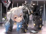  1girl all_fours angry bdsm blue_hair bronya_zaychik cellphone clenched_teeth commentary_request corset drill_hair eyebrows_visible_through_hair ginklaga gradient_hair grey_eyes grey_hair honkai_(series) honkai_impact_3rd human_dog latex latex_bodysuit lock long_hair multicolored_hair padlock phone pussy_juice restrained sex_toy shiny shiny_clothes skin_tight smartphone solo streaked_hair teeth two-tone_hair vibrator 