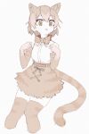  1girl :p animal_ear_fluff animal_ears bangs bow bowtie brown_eyes brown_theme cat_(kemono_friends) cat_ears cat_girl cat_tail collar cropped_legs elbow_gloves extra_ears gloves hair_between_eyes highres kemono_friends kona_ming light_brown_hair limited_palette looking_at_viewer paw_pose short_hair simple_background skirt solo tail thighhighs tongue tongue_out white_background zettai_ryouiki 