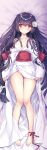  1girl ankle_bell ankle_ribbon barefoot bell breasts carnelian censored collarbone dakimakura_(medium) flower full_body haeart_censor hair_flower hair_ornament japanese_clothes kao_no_nai_tsuki kuraki_mizuna legs long_hair looking_at_viewer no_panties off_shoulder purple_hair red_ribbon ribbon sample sidelocks small_breasts solo yellow_eyes 