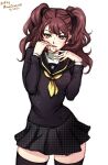  1girl brown_eyes brown_hair earrings jewelry kujikawa_rise long_hair looking_at_viewer mina_cream persona persona_4 school_uniform solo thighhighs twintails 