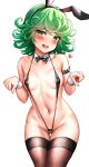  1girl :d absurdres animal_ears ass_visible_through_thighs bangs bare_shoulders black_bow black_swimsuit blush bow bowtie breasts bunny_ears collarbone covered_nipples cowboy_shot curly_hair detached_collar fake_animal_ears fishnet_legwear fishnets green_eyes green_hair groin heart heart-shaped_pupils highres looking_at_viewer navel one-punch_man open_mouth playboy_bunny short_hair skindentation slingshot_swimsuit smile solo sunhyun sweat swimsuit symbol-shaped_pupils tail tatsumaki thighhighs white_background wrist_cuffs 