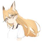  1girl alternate_costume animal_ear_fluff animal_ears bangs blonde_hair closed_mouth dot_mouth extra_ears ezo_red_fox_(kemono_friends) fox_ears fox_girl hair_between_eyes highres kemono_friends kona_ming long_hair looking_at_viewer shirt short_sleeves simple_background solo upper_body white_background white_shirt yellow_eyes 