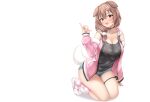  animal_ears breasts brown_eyes brown_hair cat_smile cleavage collar fang garter hololive hoodie inugami_korone lomocya ponytail short_hair shorts socks tail white 