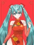  1girl absurdres aqua_hair bangs blue_nails china_dress chinese_clothes covered_navel detached_sleeves dress earrings eyebrows_visible_through_hair hatsune_miku highres jewelry red_background ruzuna sleeveless smile solo twintails vocaloid 