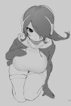  1girl bangs breasts drawstring emperor_penguin_(kemono_friends) grey_background greyscale hair_over_one_eye hand_on_own_chest headphones highres kemono_friends kneeling kona_ming large_breasts long_hair looking_at_viewer monochrome one_eye_covered parted_lips simple_background sketch solo thigh_gap thighhighs 