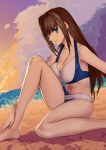  1girl aozaki_aoko beach bikini blue_eyes breasts brown_hair cqqz0707 hair_intakes hand_on_leg highres large_breasts legs long_hair looking_at_viewer mahou_tsukai_no_yoru navel sitting smile solo sunset swimsuit 