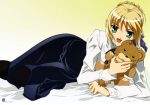  1girl 2000s_(style) artoria_pendragon_(all) fate/stay_night fate_(series) gradient gradient_background highres holding holding_stuffed_toy looking_at_viewer lying official_art on_side pantyhose rotated saber scan solo stuffed_animal stuffed_toy teddy_bear yellow_background 
