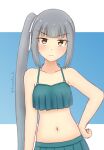  1girl absurdres bikini bikini_skirt blue_background breasts collarbone cowboy_shot eyebrows_visible_through_hair frown green_bikini grey_hair highres kantai_collection kasumi_(kancolle) konato_k long_hair navel ribbon side_ponytail silver_hair small_breasts solo stomach swimsuit twitter_username white_background white_ribbon yellow_eyes 