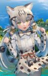  1girl :d absurdres animal_ear_fluff animal_ears bangs blue_sky bow bowtie cat_ears cat_girl cat_tail commentary cowboy_shot day eyebrows_visible_through_hair fang geoffroy&#039;s_cat_(kemono_friends) green_eyes grey_hair hair_between_eyes hair_bow highres kemono_friends long_hair long_sleeves looking_at_viewer low_twintails multicolored_hair nature open_mouth outdoors print_neckwear print_skirt print_sleeves shirt signature skirt sky sleeves_past_wrists slit_pupils smile solo striped_tail suspender_skirt suspenders tail thigh_gap twintails very_long_hair welt_(kinsei_koutenkyoku) white_shirt 